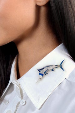 1950's Diamond Enamel 18 Karat White Gold Vintage Blue Marlin Fish Brooch