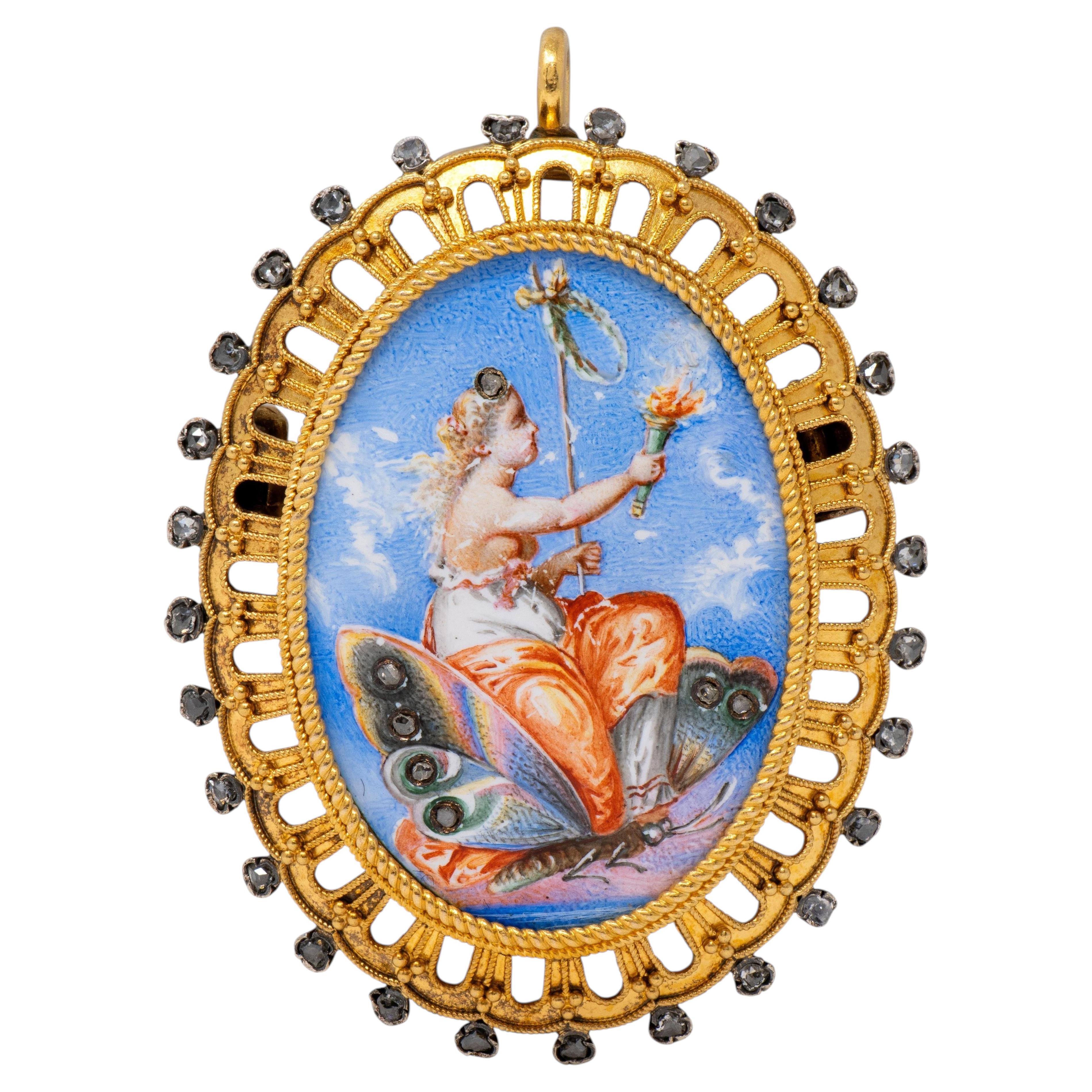 Broche-pendentif victorien en émail diamanté, 18 carats, représentant un portrait antique de Psyché