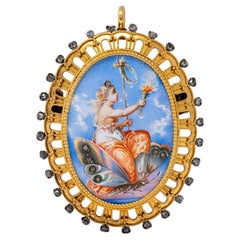 Broche-pendentif victorien en émail diamanté, 18 carats, représentant un portrait antique de Psyché