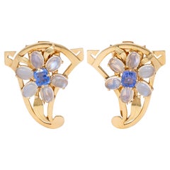 Retro Sapphire Moonstone 14 Karat Yellow Gold Vintage Floral Brooch Clips