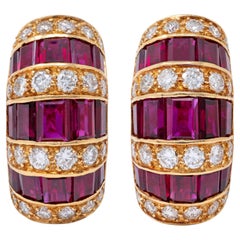 Oscar Heyman 1980's Ruby Diamond 18K Gold Vintage J-Hoop Ear-Clip Earrings