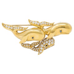Gemlok 1990's Diamond Sapphire 18 Karat Yellow Gold Whale Pod Vintage Brooch