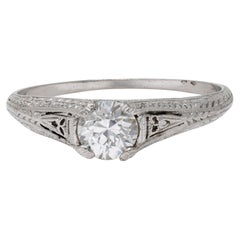 Art-Déco-Verlobungsring aus Platin im Vintage-Stil mit einem 0,47-Karat-Diamanten und orangefarbenen Blüten