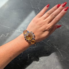 Edwardian Citrine Sapphire Diamond Platinum 14K Gold Antique Bow Bangle Bracelet