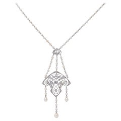 Tiffany & Co. Edwardian Diamond Pearl Platinum Antique Fringe Lavalier Necklace