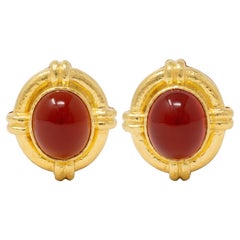 Elizabeth Locke 2000's Carnelian 18K YG Contemporary Hammered Cabochon Earrings