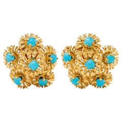 Tiffany & Co. 1960 Turquoise 18K Gold Vintage Flower Cluster Screw-Back Earrings