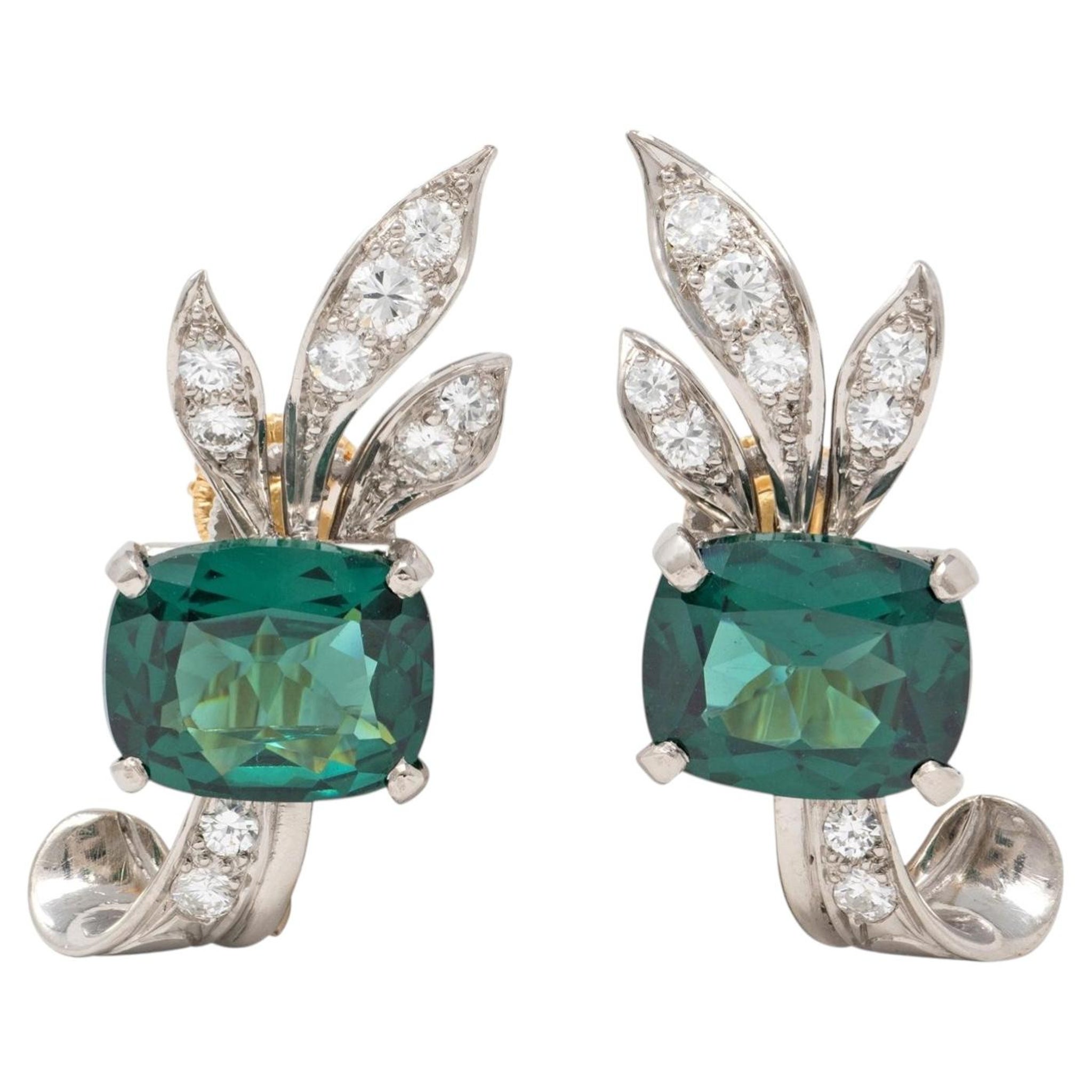 Tiffany & Co. 1940's Tourmaline Diamond Platinum 18 Karat Gold Vintage Earrings