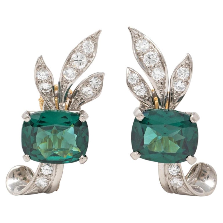 Tiffany & Co. 1940's Tourmaline Diamond Platinum 18 Karat Gold Vintage Earrings