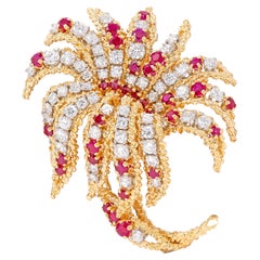 Van Cleef & Arpels French 1960's Diamond Ruby 18K Platinum Vintage Flower Brooch