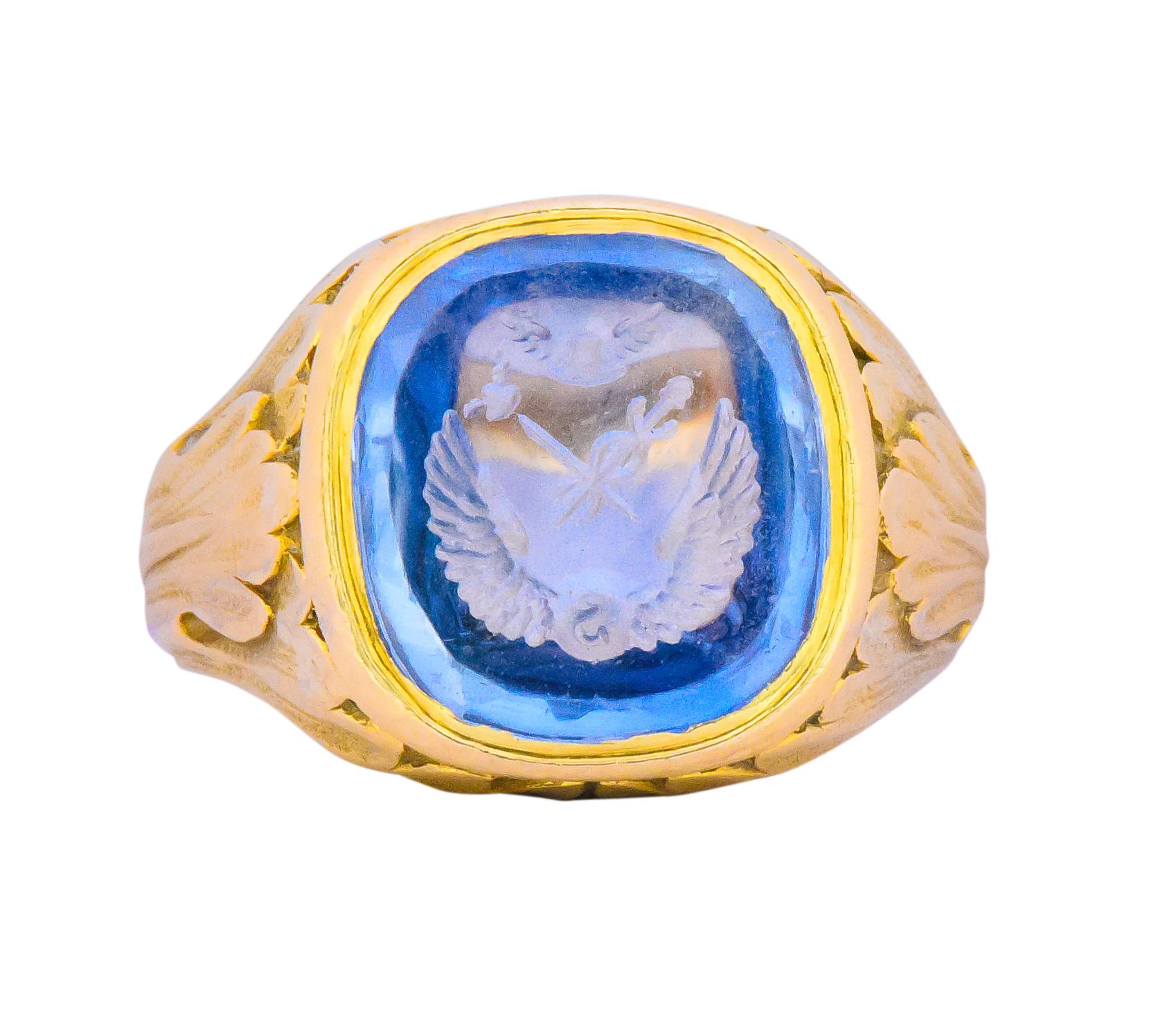 Victorian 7.00 Carat Intaglio Sapphire 18 Karat Gold Unisex Signet Ring In Excellent Condition In Philadelphia, PA