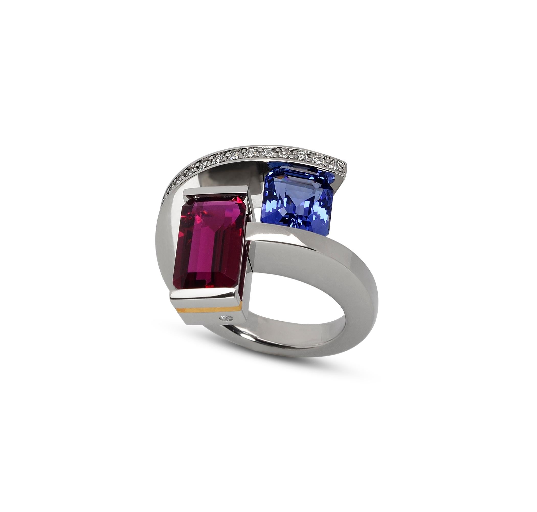 Modern Platinum 2-Stone Helix Ring with Tension-Set Blue Sapphire and Rubellite For Sale