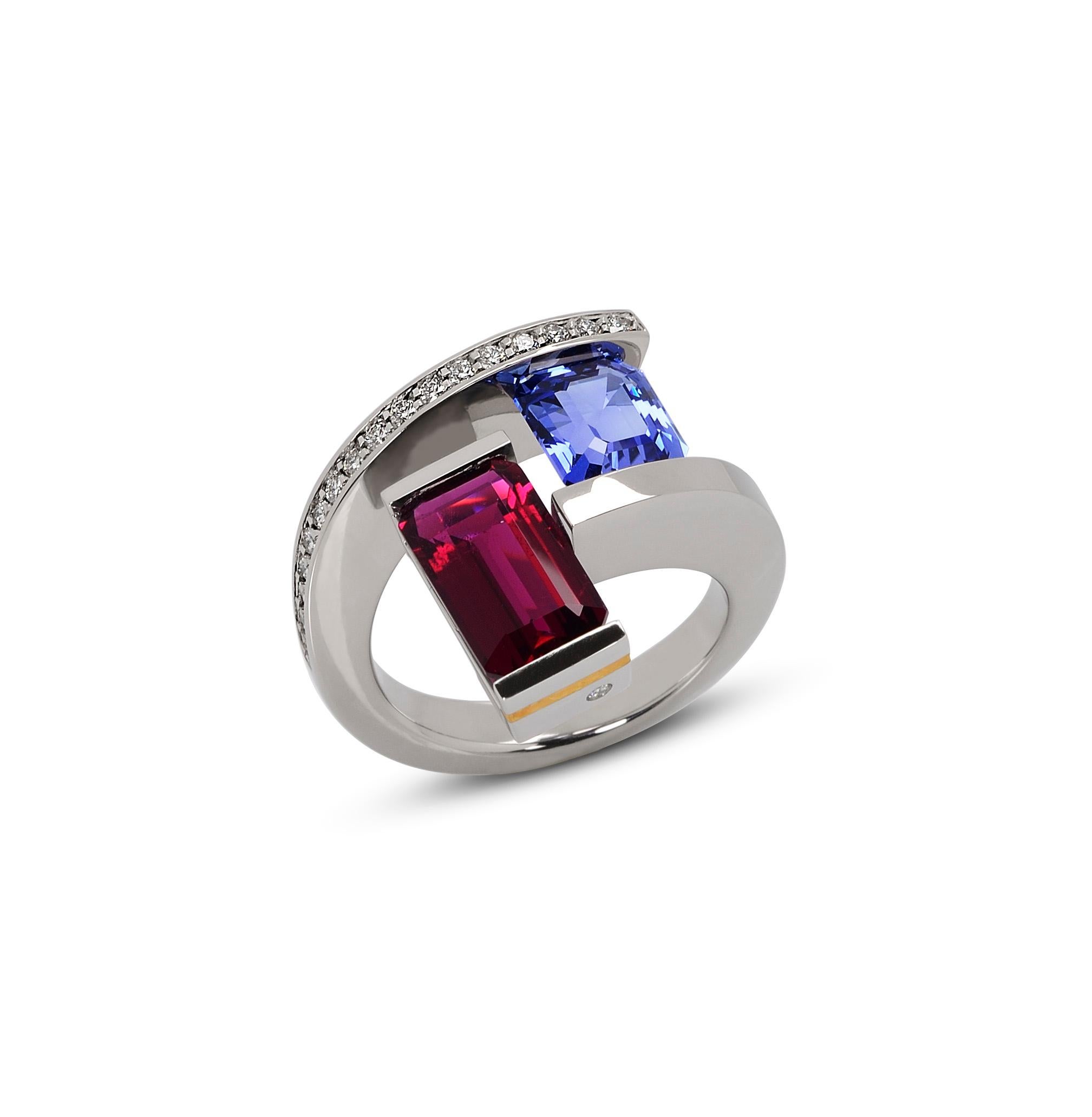 Emerald Cut Platinum 2-Stone Helix Ring with Tension-Set Blue Sapphire and Rubellite For Sale