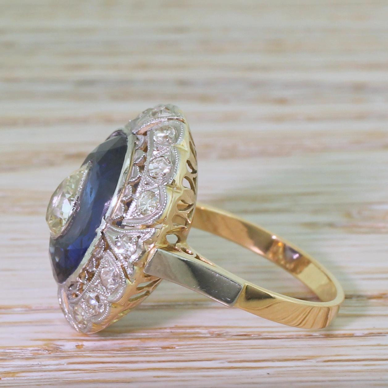 Midcentury Old Pear Cut and Sapphire Cluster Ring In Good Condition For Sale In Essex, GB