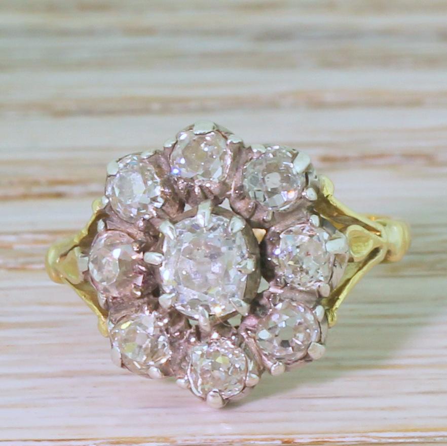 A Victorian diamond ring of lasting beauty. This stunning old cut cluster features a clean and white centre stone of approximately 0.50 carat within a surround of a further eight nicely chunky old cuts of matching colours and clarity. The stones are