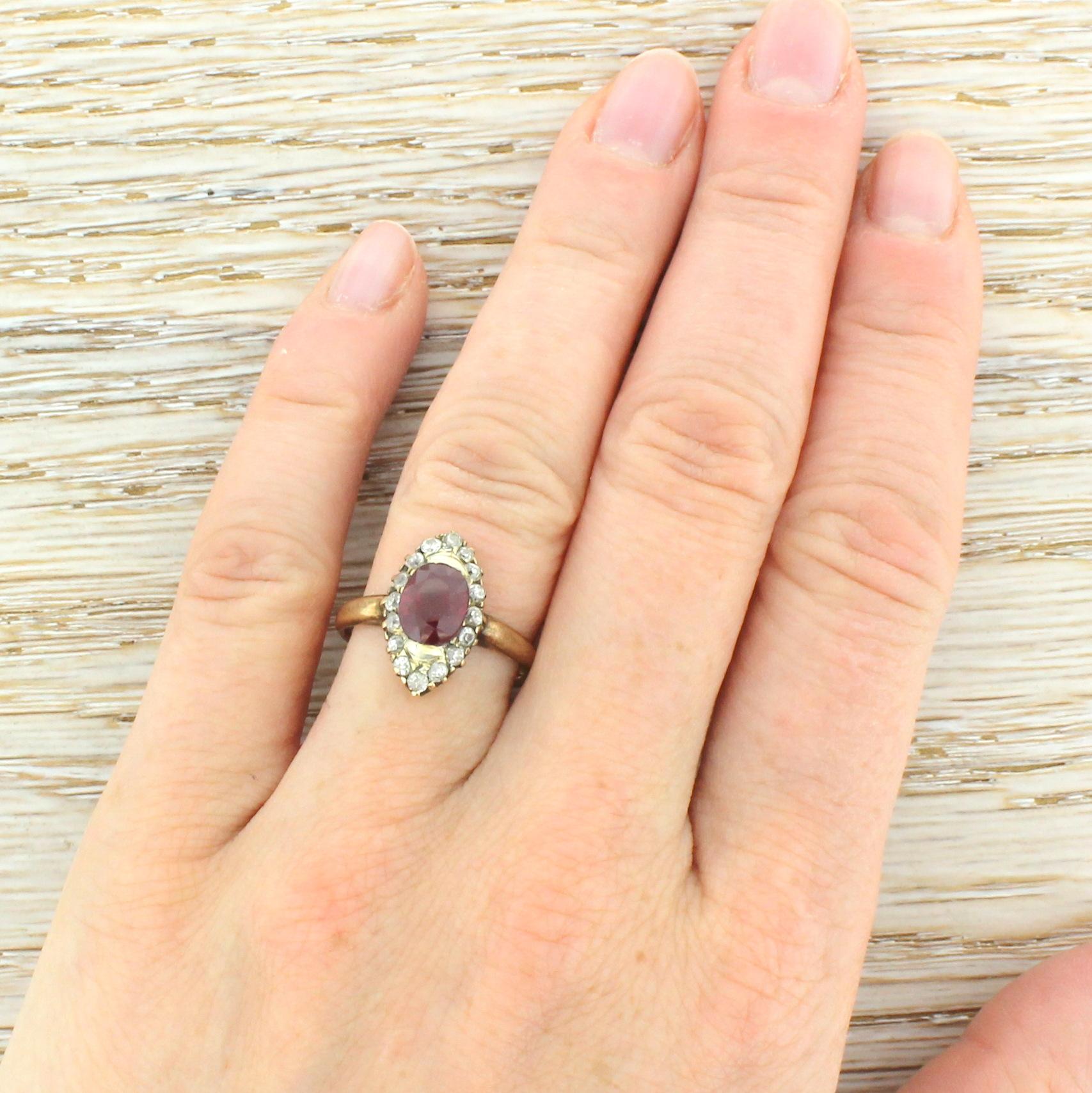 Victorian 1.51 Carat Ruby and Old Cut Diamond Navette Ring 1