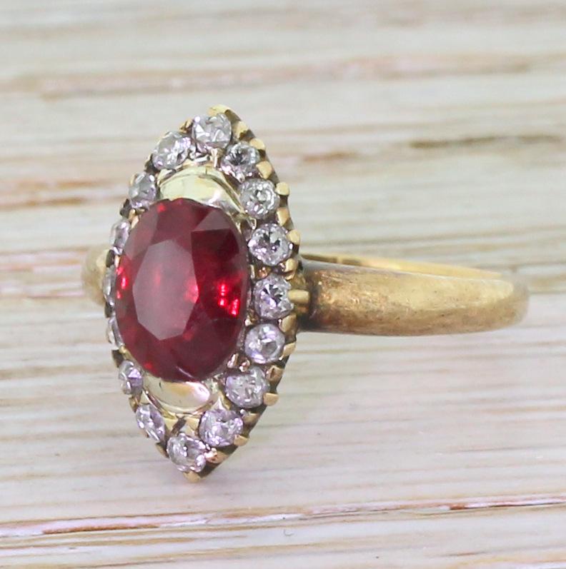 Victorian 1.51 Carat Ruby and Old Cut Diamond Navette Ring 3