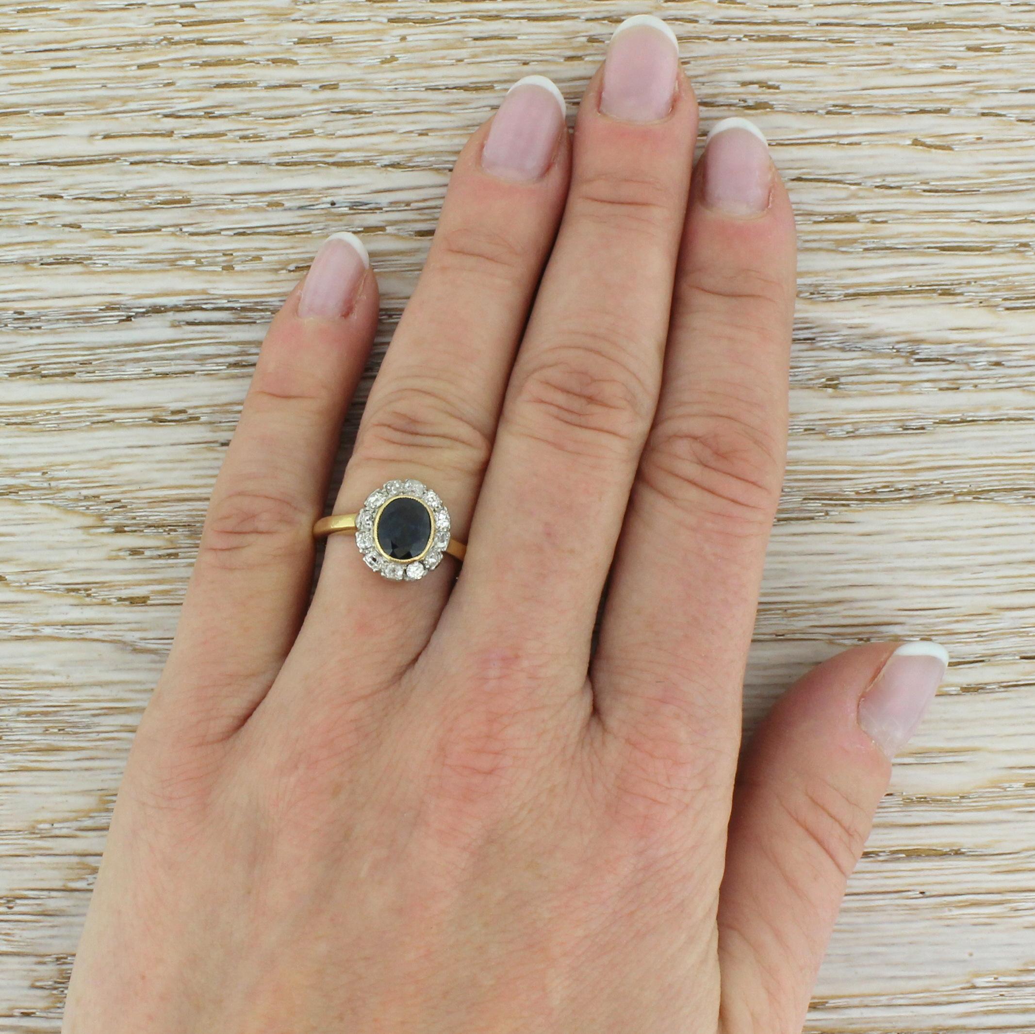 Art Deco 1.21 Carat Sapphire and 0.48 Carat Old Cut Diamond Ring 2