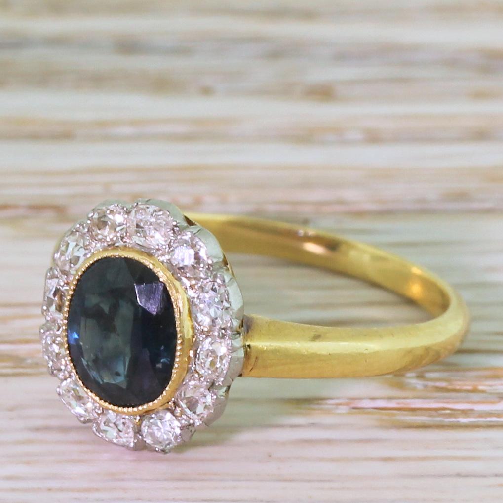 Art Deco 1.21 Carat Sapphire and 0.48 Carat Old Cut Diamond Ring 4