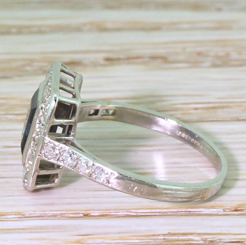Baguette Cut Midcentury 0.95 Carat Sapphire and 0.31 Carat Diamond Cluster Ring