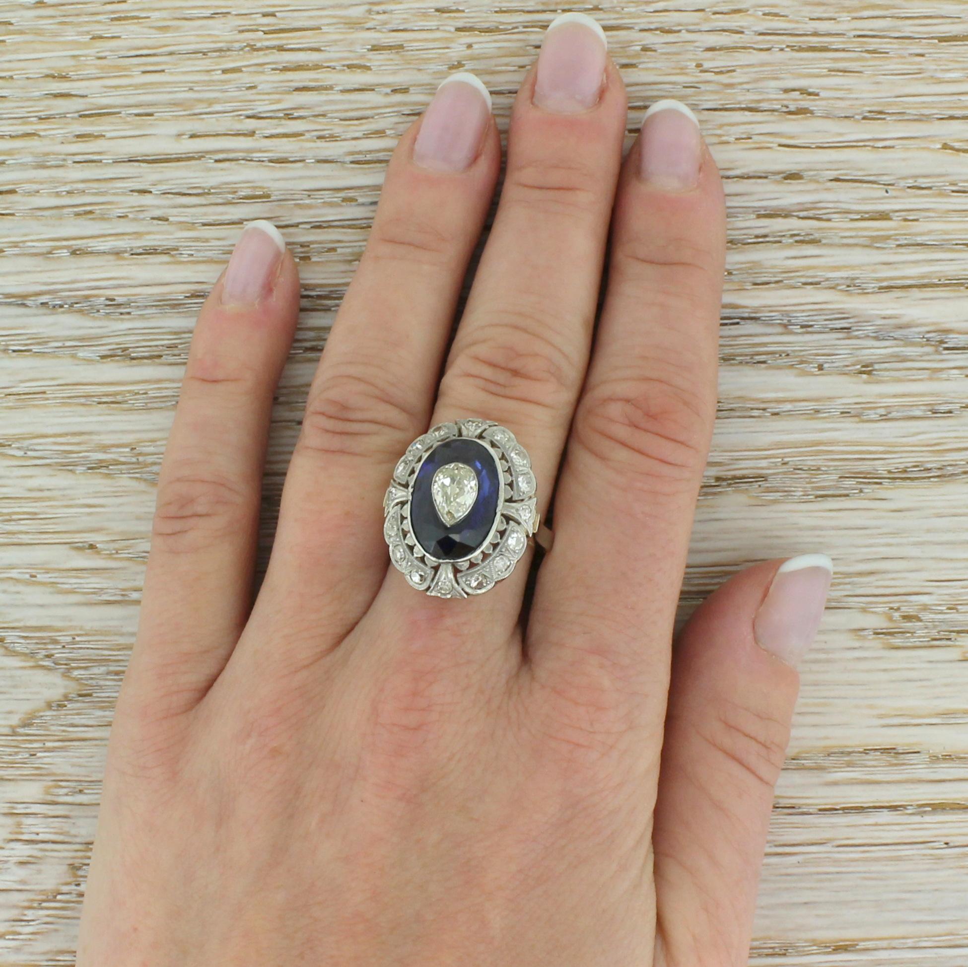 Midcentury Old Pear Cut and Sapphire Cluster Ring For Sale 2