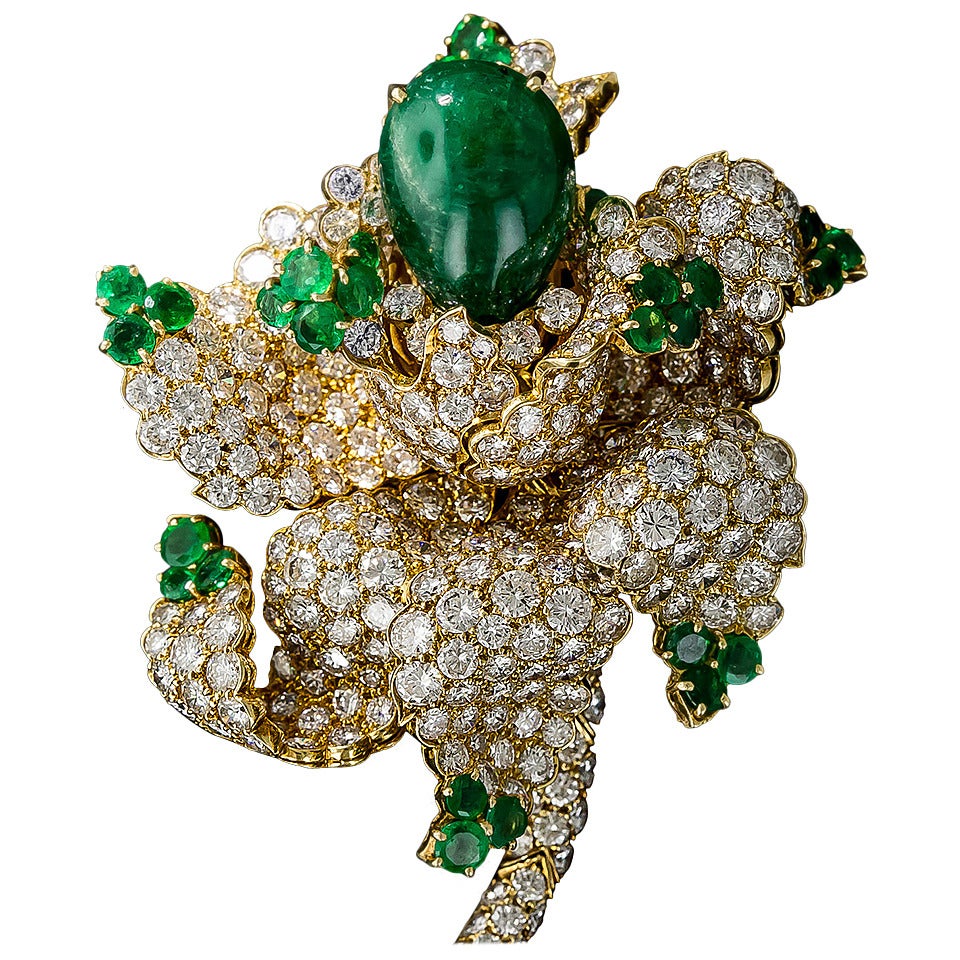 Spectacular 12 Carat Cabochon Emerald Diamond Gold Flower Brooch For Sale