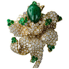 Spectacular 12 Carat Cabochon Emerald Diamond Gold Flower Brooch