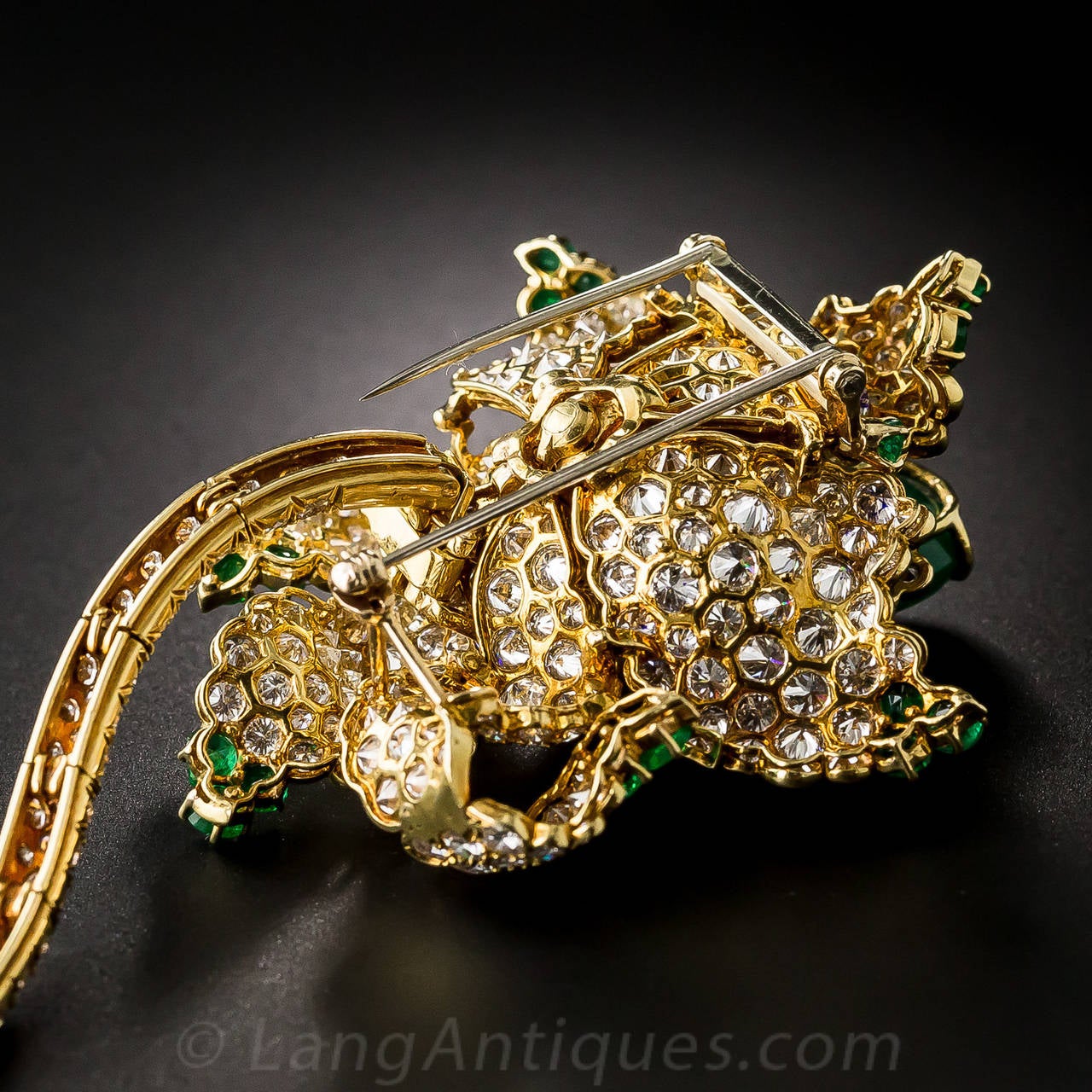 Spectacular 12 Carat Cabochon Emerald Diamond Gold Flower Brooch For Sale 6