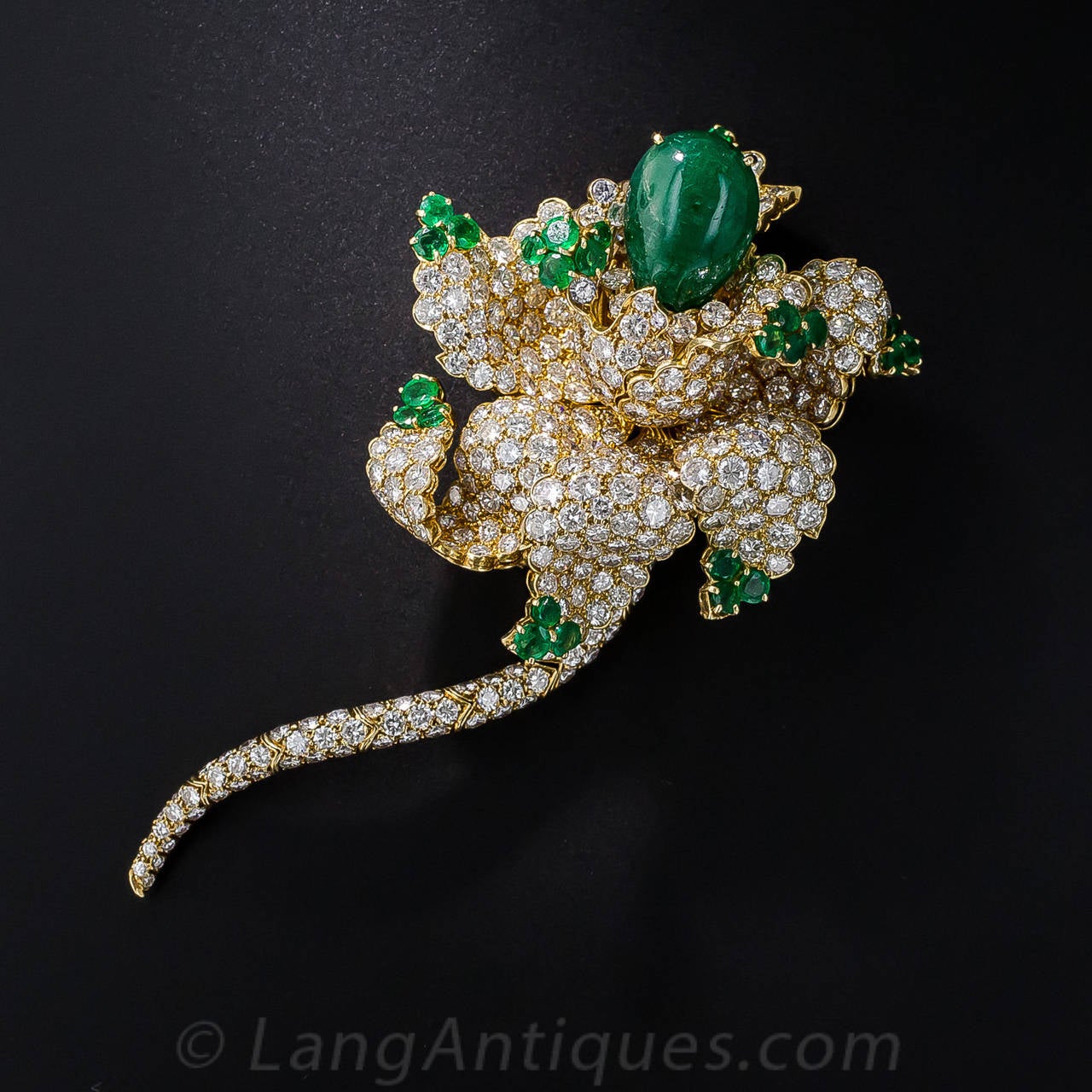 Spectacular 12 Carat Cabochon Emerald Diamond Gold Flower Brooch In Excellent Condition For Sale In San Francisco, CA