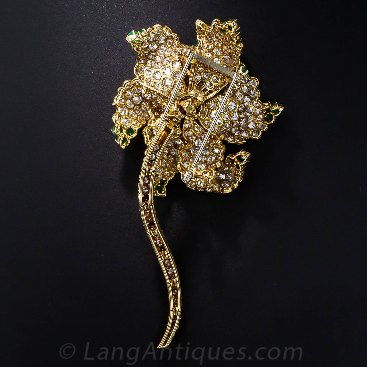 Women's or Men's Spectacular 12 Carat Cabochon Emerald Diamond Gold Flower Brooch For Sale