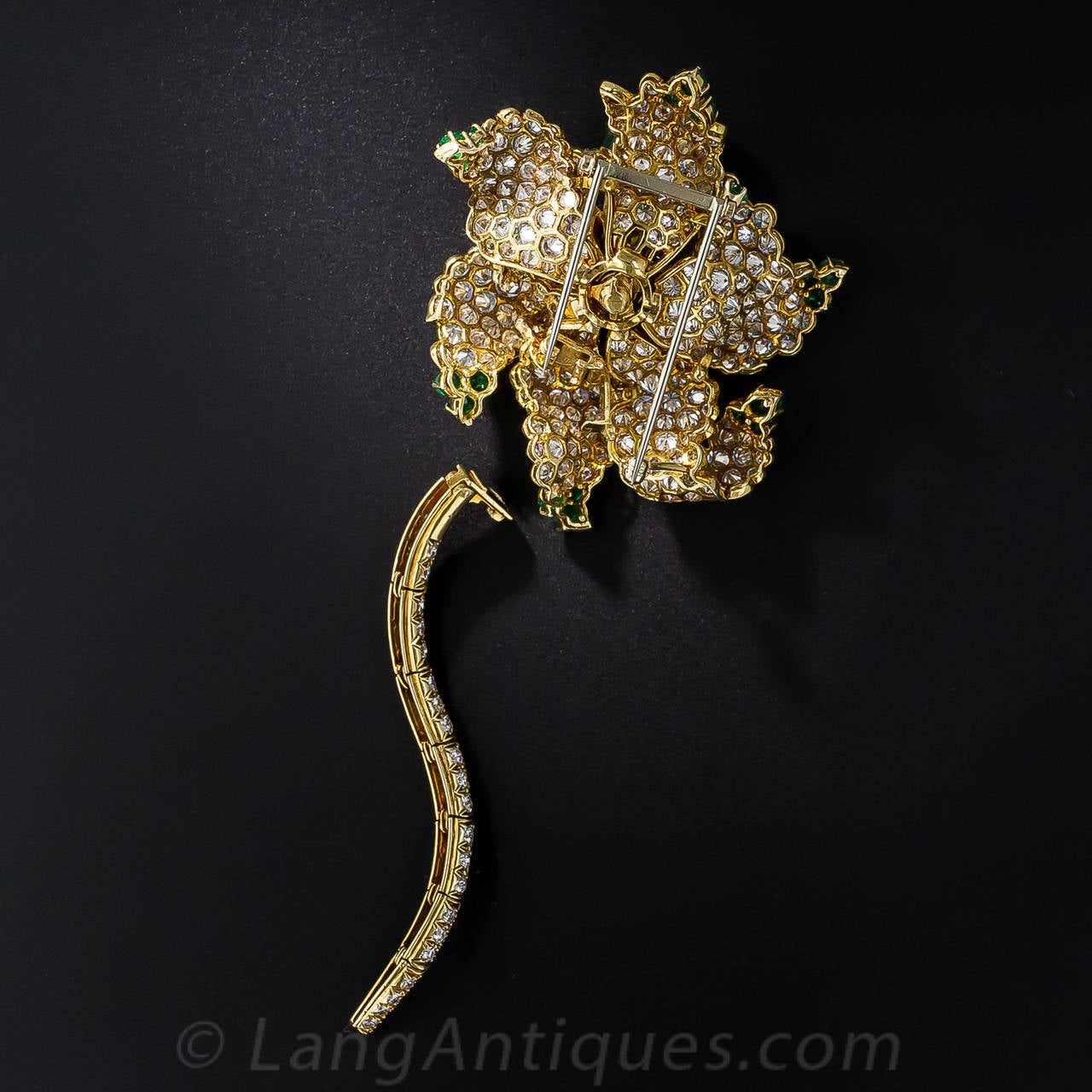 Spectacular 12 Carat Cabochon Emerald Diamond Gold Flower Brooch For Sale 1