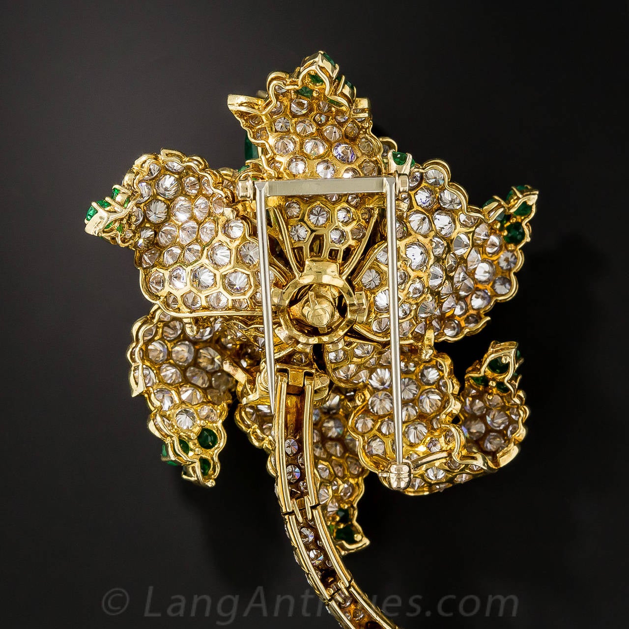 Spectacular 12 Carat Cabochon Emerald Diamond Gold Flower Brooch For Sale 2