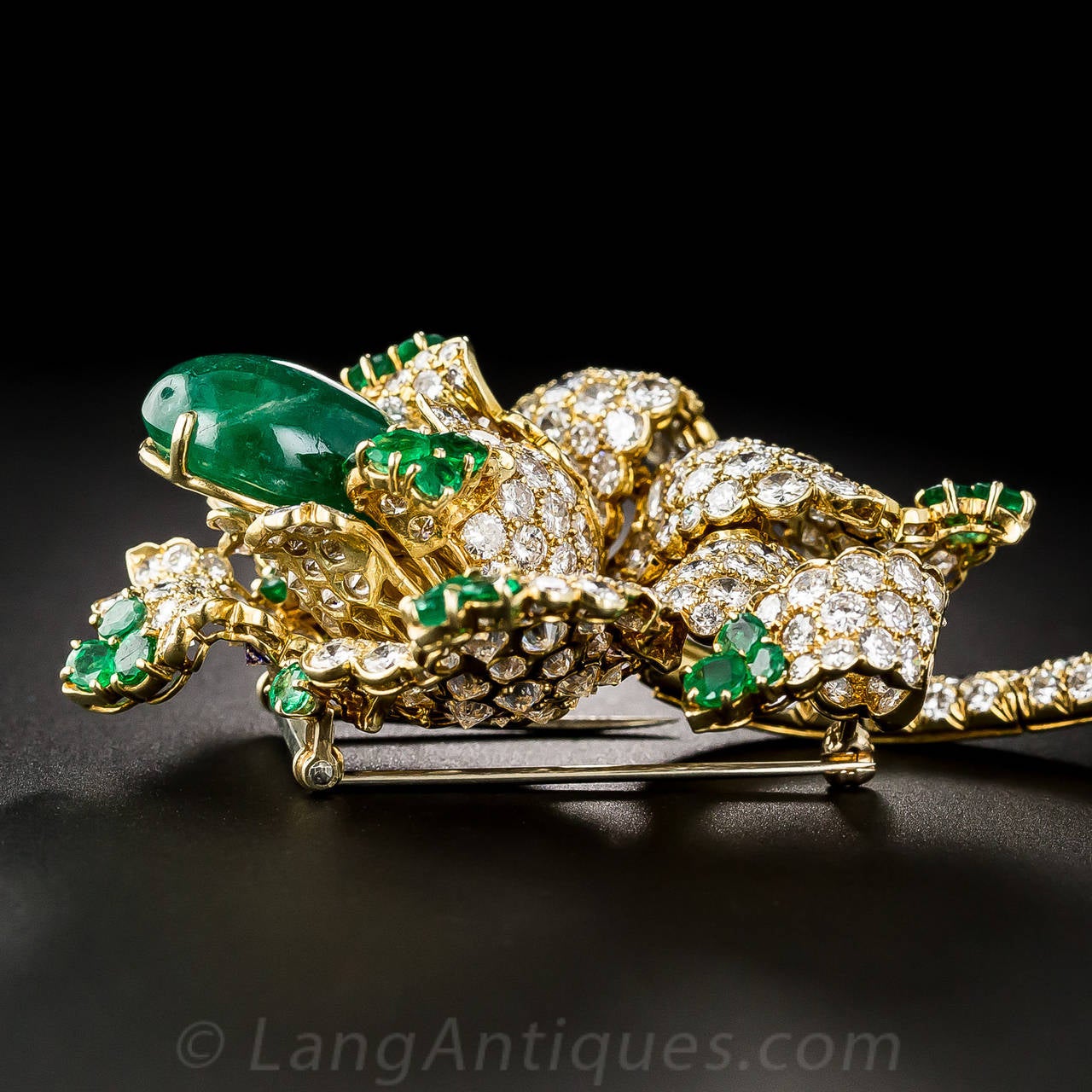 Spectacular 12 Carat Cabochon Emerald Diamond Gold Flower Brooch For Sale 3