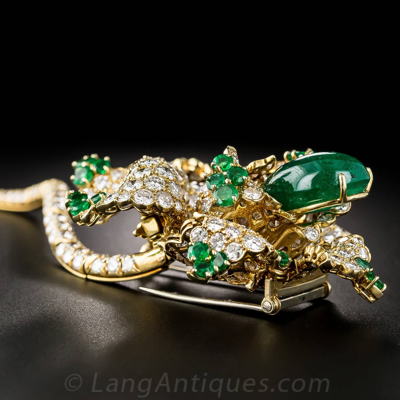 Spectacular 12 Carat Cabochon Emerald Diamond Gold Flower Brooch For Sale 4
