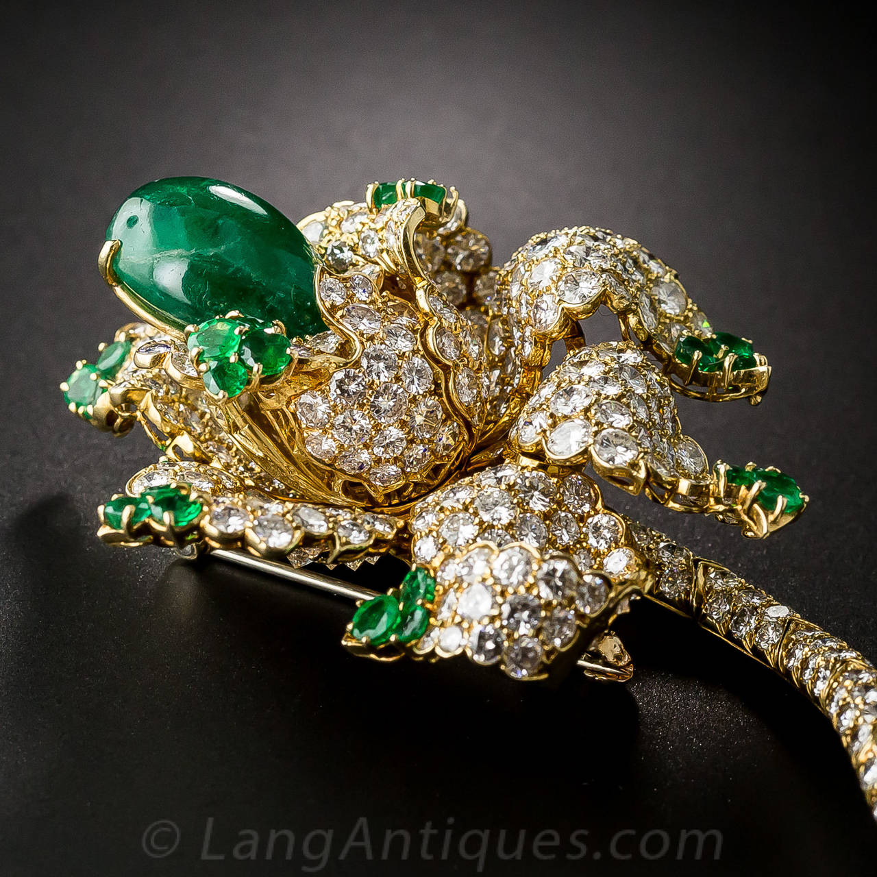 Spectacular 12 Carat Cabochon Emerald Diamond Gold Flower Brooch For Sale 5
