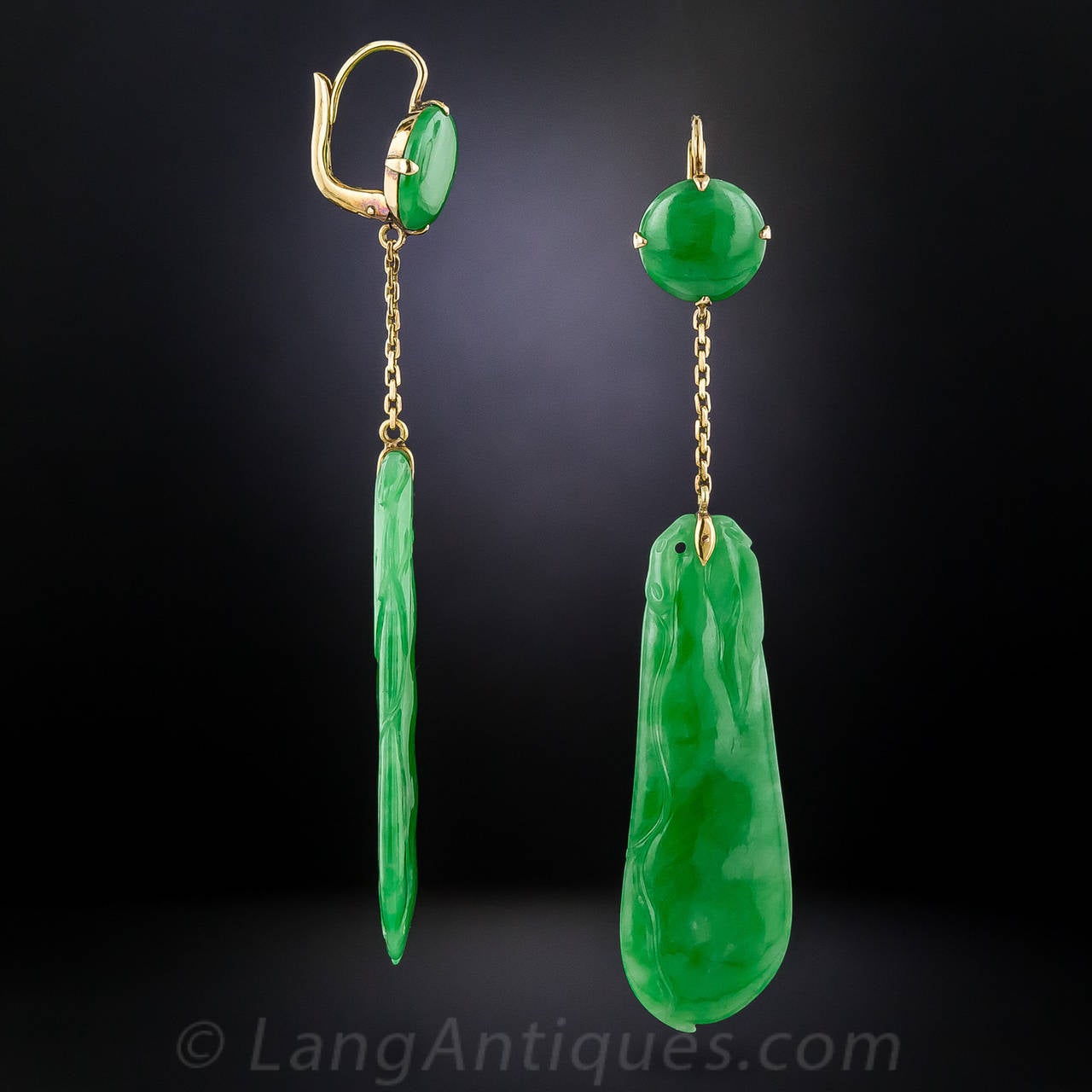 Carved Natural Jadeite Drop Earrings - GIA In Excellent Condition For Sale In San Francisco, CA