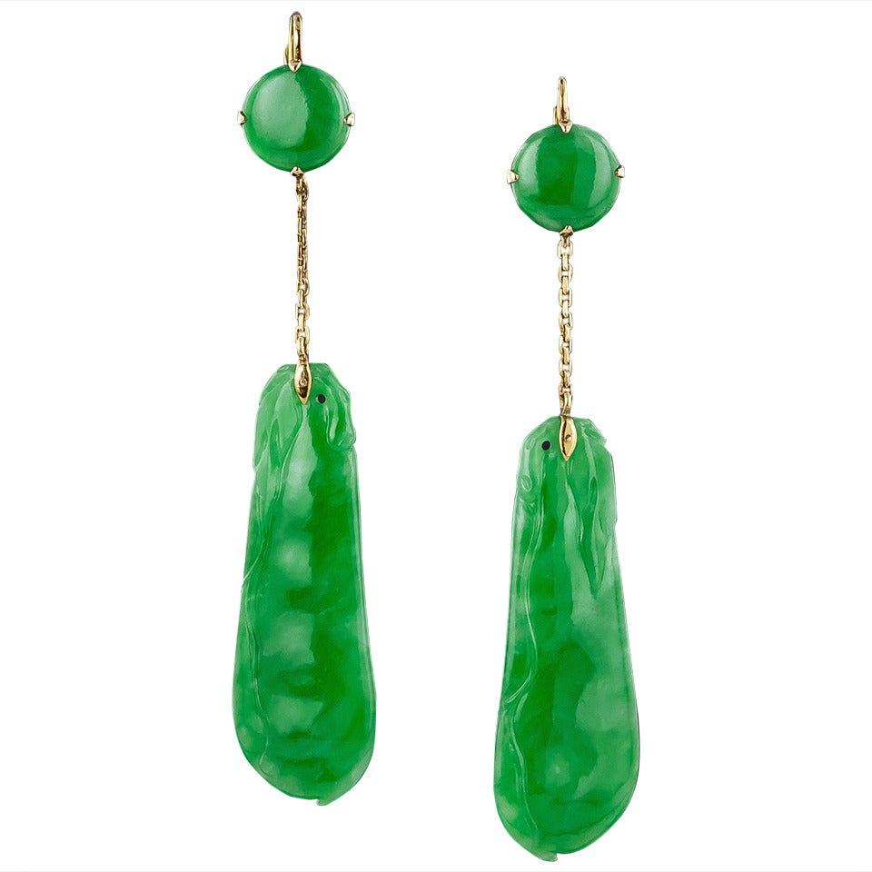 Carved Natural Jadeite Drop Earrings - GIA For Sale