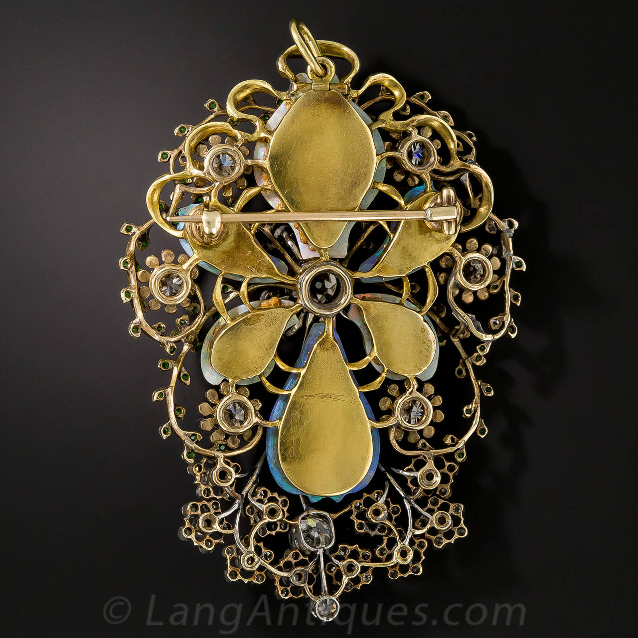 Victorian Fabulous Art Nouveau Opal Garnet Diamond Gold Platinum Pin