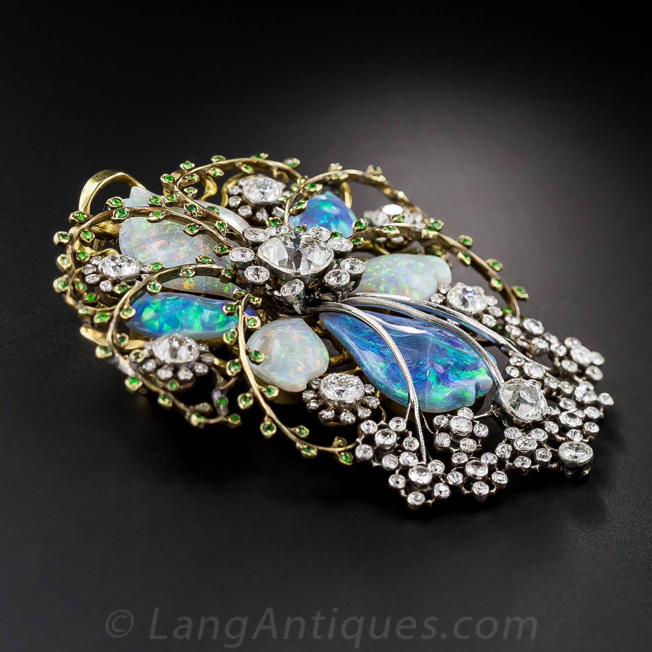 Fabulous Art Nouveau Opal Garnet Diamond Gold Platinum Pin In Excellent Condition In San Francisco, CA