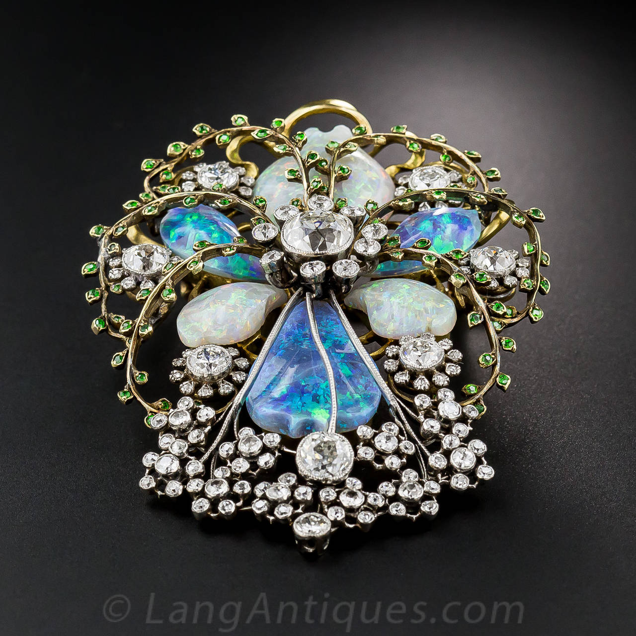 Fabulous Art Nouveau Opal Garnet Diamond Gold Platinum Pin 2