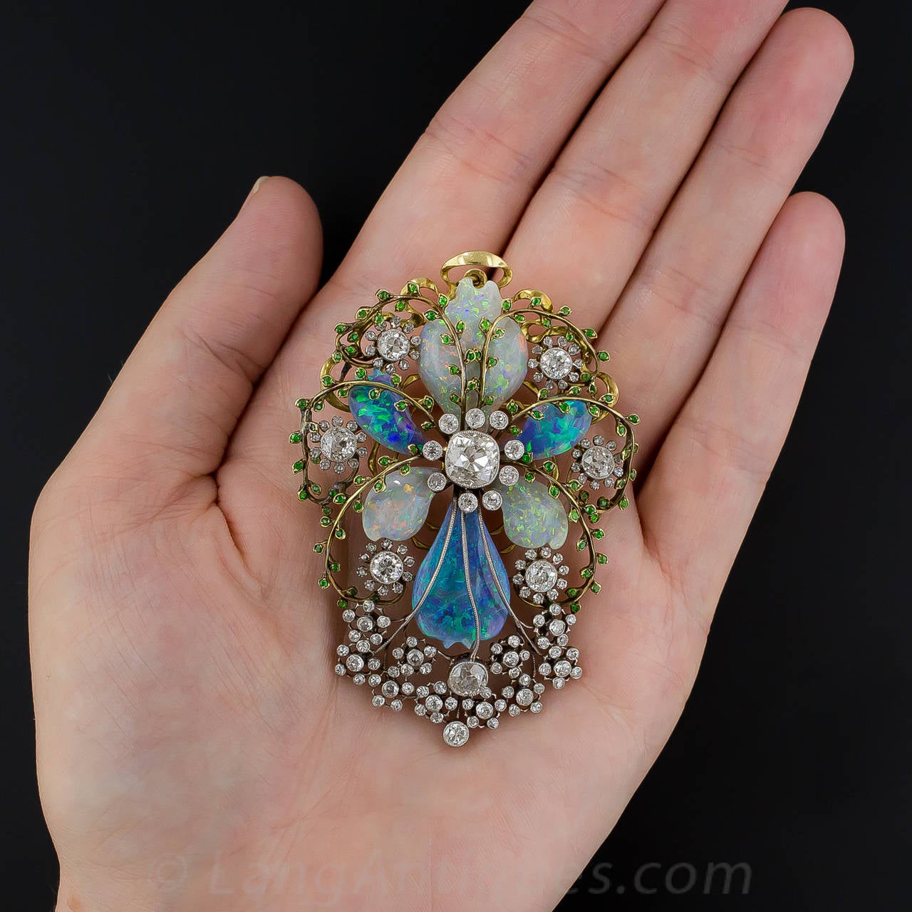 Fabulous Art Nouveau Opal Garnet Diamond Gold Platinum Pin 3