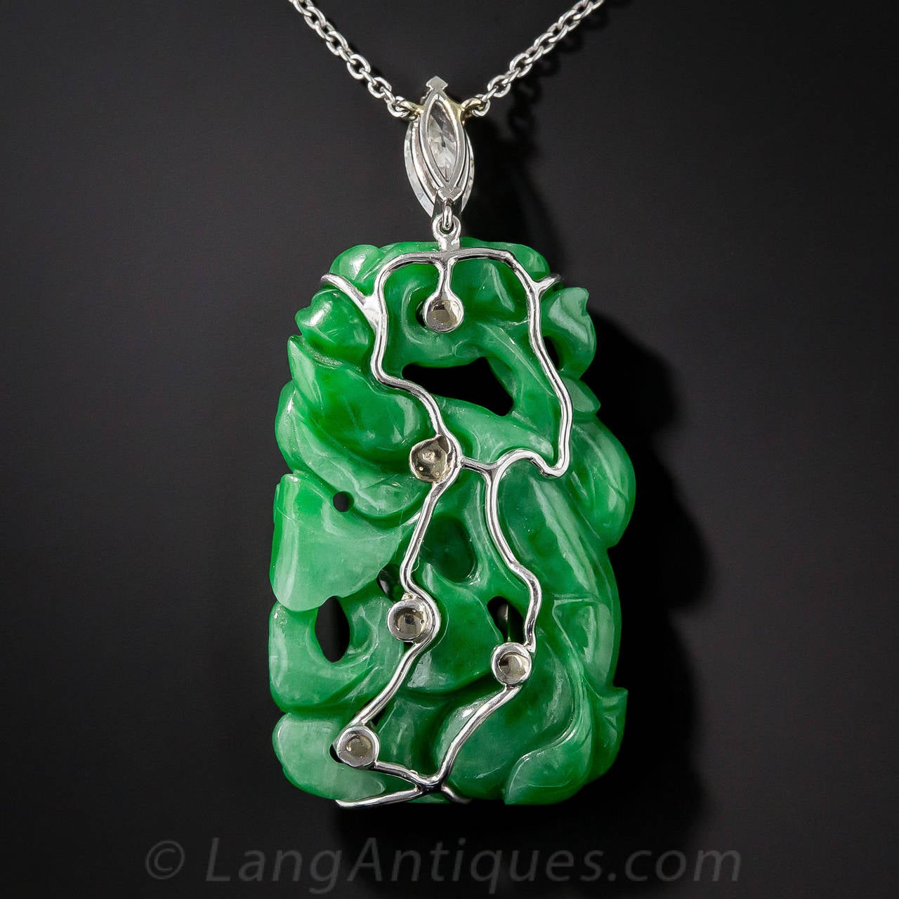 Contemporary Fine Carved Natural Jade Diamond Platinum Pendant Necklace For Sale