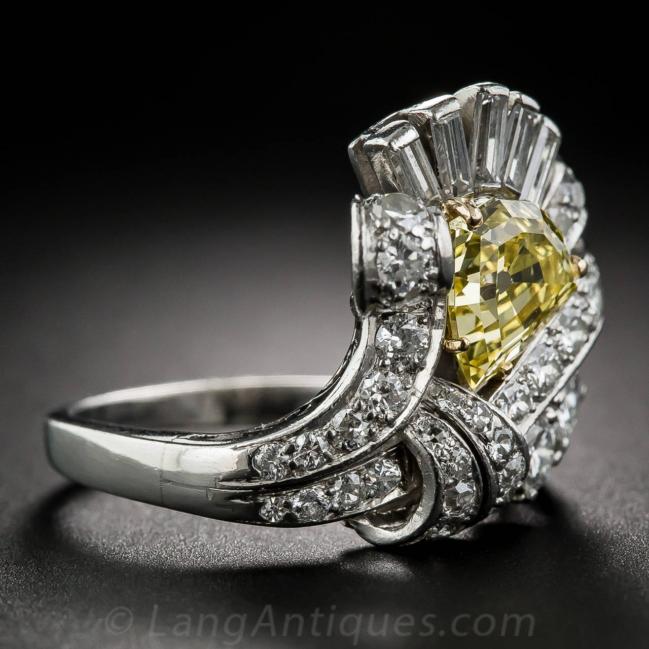 Art Deco 1.53 Carat Intense Fancy Yellow Diamond Platinum Cocktail Ring - GIA For Sale