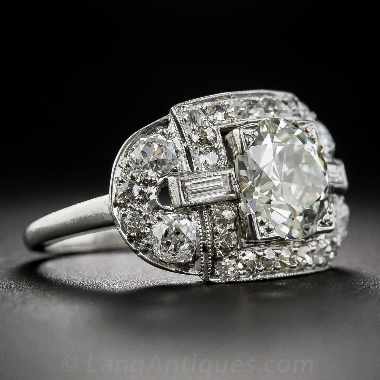 Baguette Cut Art Deco 2.31 Carat Diamond Platinum Engagement Ring For Sale