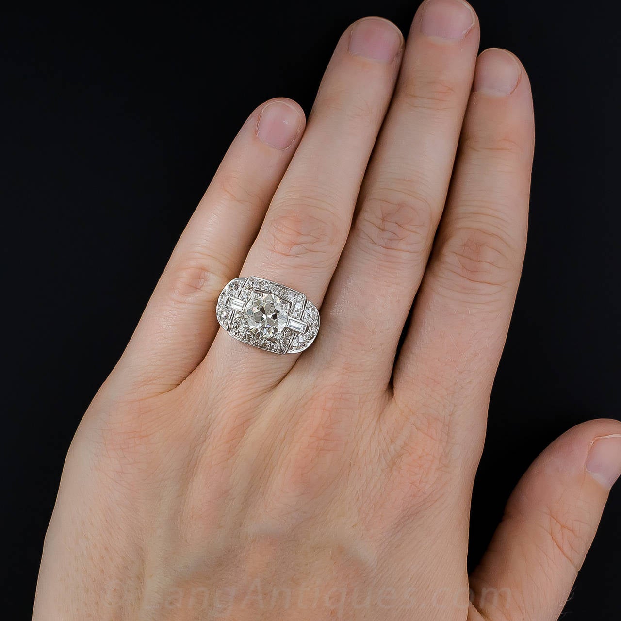 Art Deco 2.31 Carat Diamond Platinum Engagement Ring For Sale 2