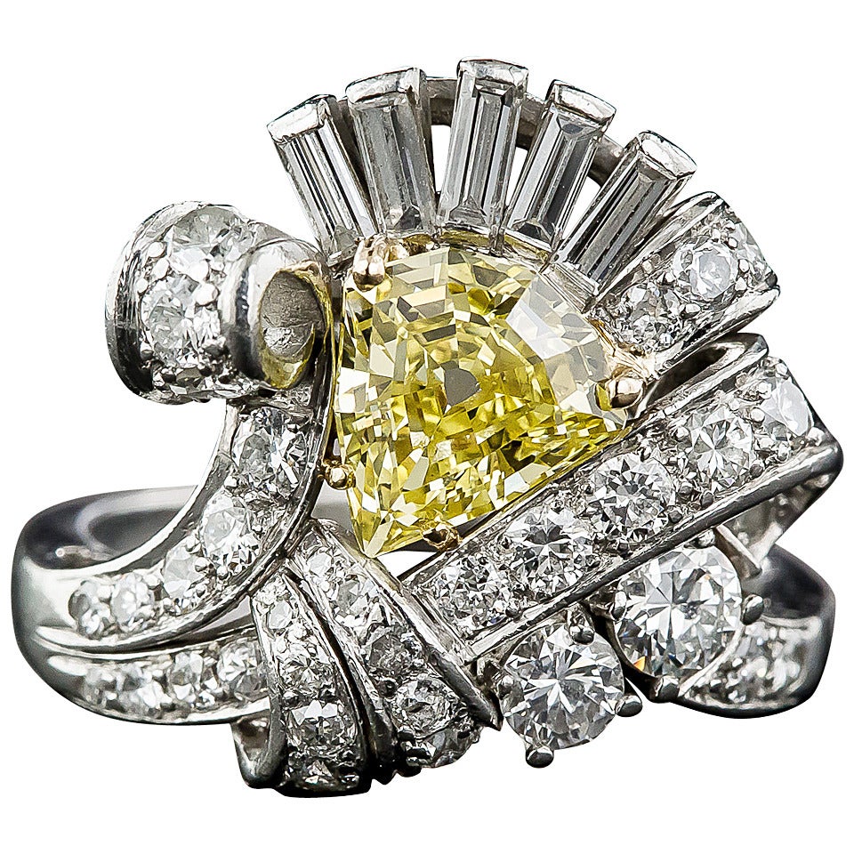 1.53 Carat Intense Fancy Yellow Diamond Platinum Cocktail Ring - GIA For Sale