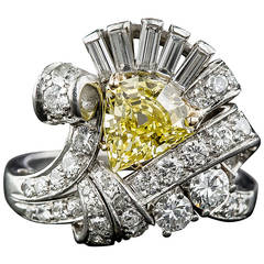 1.53 Carat Intense Fancy Yellow Diamond Platinum Cocktail Ring - GIA