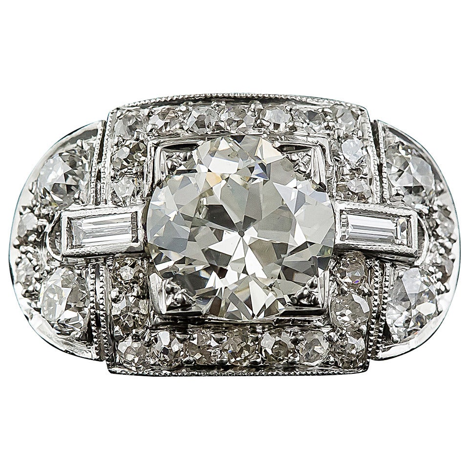 Art Deco 2.31 Carat Diamond Platinum Engagement Ring For Sale