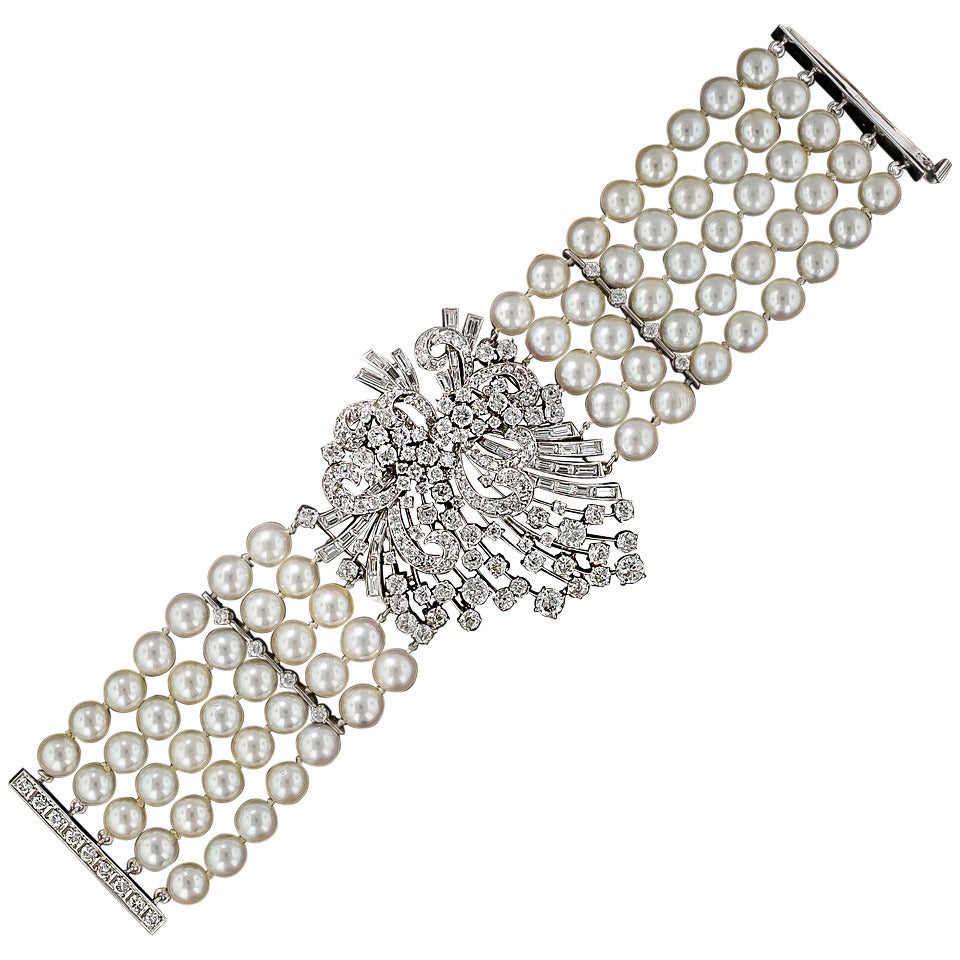 Mid-Century Cultured Pearl Diamond Platinum Bracelet For Sale
