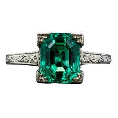 Art Deco 2.44 Carat Natural No Enhancement Emerald Ring